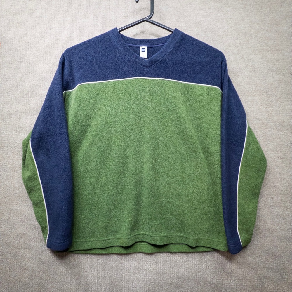Vintage Gap Fleece Pullover XL V-Neck Colorblock Green Navy Blue 04/HOL 247048